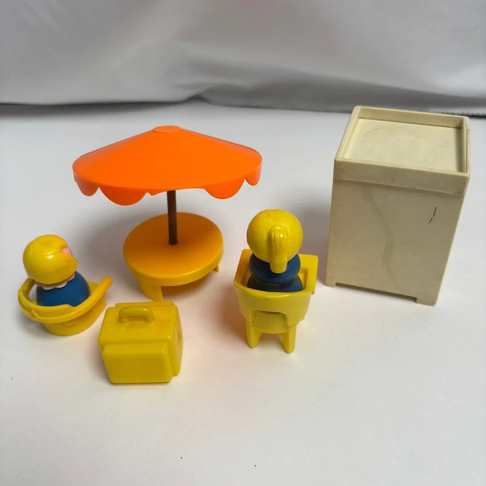 Vintage Fisher Price Little People Travel Set Phone Booth Umbrella Table Figures
